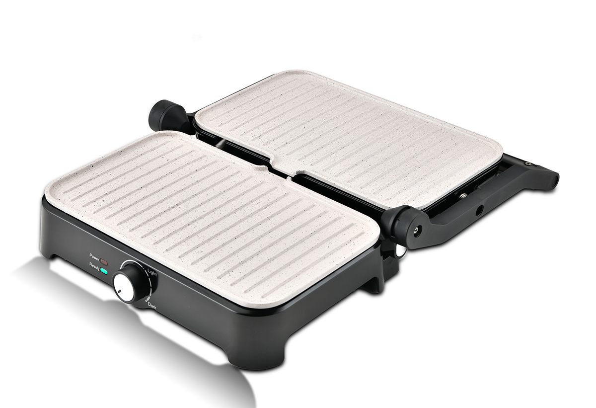 Απεικονίζεται η τοστιέρα ανοιχτή 180 μοίρες.